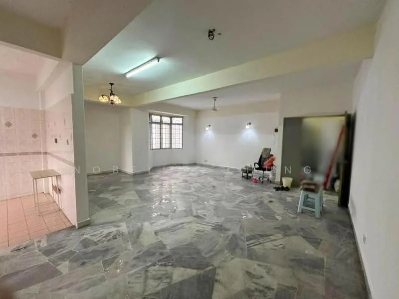 Living features: marble flooring, white painted walls, recessed downlights, 2 ceiling fans, large windows, open layout, decorative wall sconces, neutral color scheme; style: modern. Kitchen features: ceramic tile flooring, white tiled walls, kitchen counter, open layout to living area.