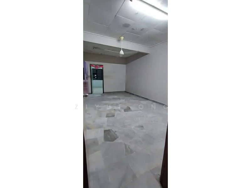 Room features: grey marble flooring, white painted walls, ceiling fan, recessed ceiling lights, large window, doorway leading to another room.