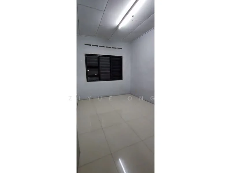 Room features: white painted walls, glossy tile flooring, black window with horizontal slats, ceiling lights, no visible furniture or decor; style: minimalist.