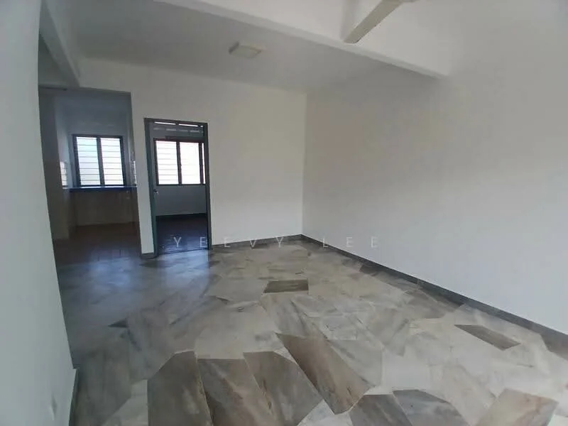 Room features: white painted walls, marble tile flooring with mixed patterns, ceiling with exposed beams, large windows with horizontal slats, doorway leading to another room, natural light from windows, open layout, neutral color scheme; style: modern.
