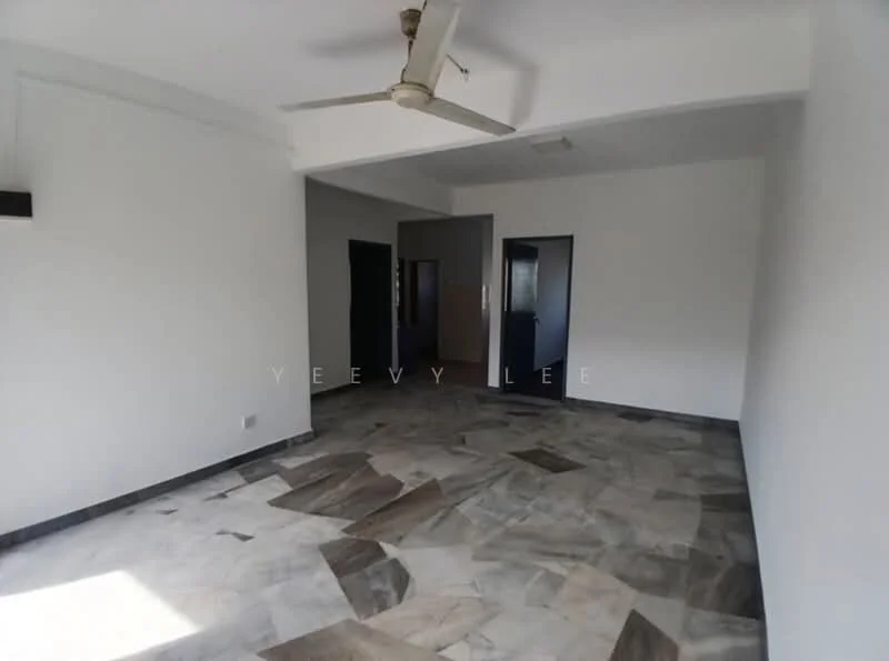 Room features: marble flooring, white painted walls, ceiling fan, two doors leading to other rooms, large windows, neutral color scheme, open layout, no visible furniture; style: modern.