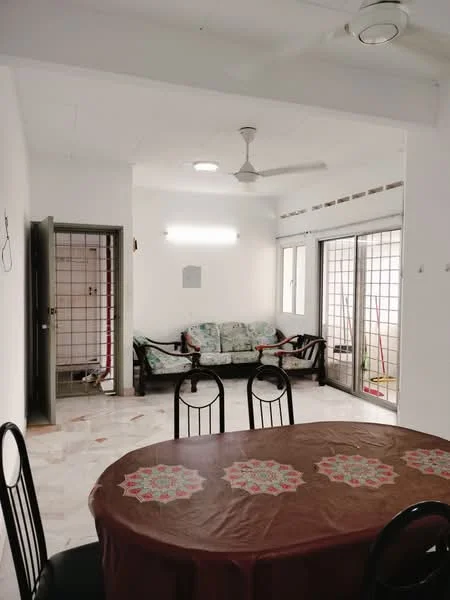 Dining features: round dining table with brown tablecloth, 4 black dining chairs, white painted walls, marble flooring, ceiling fan, recessed ceiling lights, sliding glass doors, sofa in living area visible, window with grid pattern. Living features: fabric sofa with floral pattern, coffee table, floor-to-ceiling windows, white walls, marble flooring.