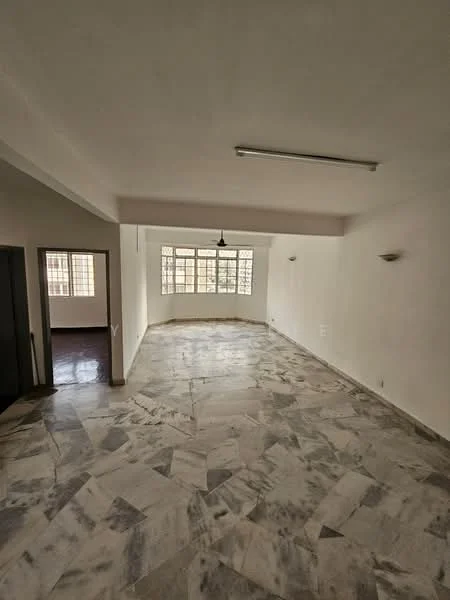 Room features: white painted walls, marble flooring, large windows, ceiling lights, corner lighting fixtures, open layout, neutral color scheme, smooth ceiling; style: modern.