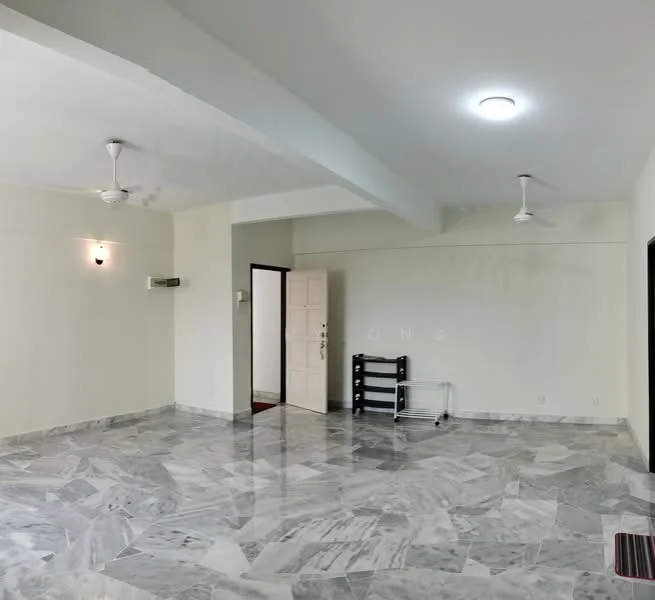 Living features: marble flooring, white painted walls, recessed downlights, 2 ceiling fans, air conditioning unit, open layout, neutral color scheme, large space; style: modern.