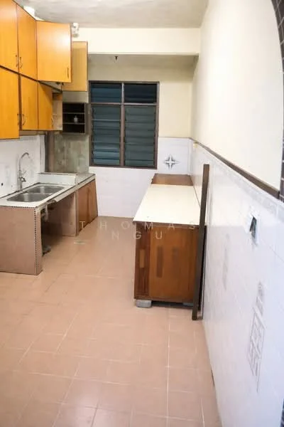 Kitchen features: single-bowl stainless-steel sink, chrome pull-down faucet, laminate countertop, wood cabinetry in brown, tile backsplash, ceramic tile flooring, window with horizontal slats, built-in wooden cabinet, wall-mounted electrical outlet, light fixture on ceiling.
