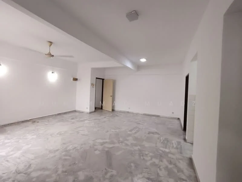 Room features: white painted walls, polished concrete flooring, ceiling fan, recessed downlights, wall-mounted light fixtures, doorway, open layout; style: modern.