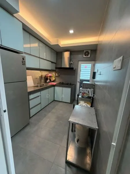 Kitchen features: grey ceramic tile flooring, light grey painted walls, white cabinetry with flat-panel design, stainless-steel fridge, built-in oven, 4-burner gas hob, stainless-steel range hood, single-bowl stainless-steel sink, chrome pull-down faucet, countertop with grey surface, recessed LED downlights, window with white frame, kitchen island with storage; style: modern.