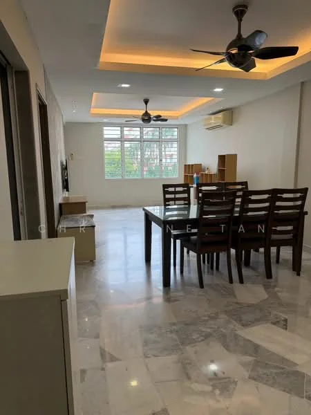 Dining features: marble tile flooring, tray ceiling with recessed lighting, 5-blade ceiling fan, dining table with 6 wooden chairs, large windows with city view, wall-mounted TV, air conditioning unit, neutral wall color; style: modern; view: city.
