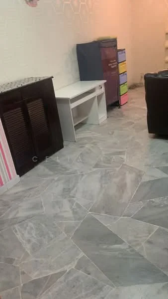 Room features: grey marble tile flooring, white textured walls, wooden cabinet with louvered doors, white desk, colorful storage drawers, black leather sofa; style: modern.