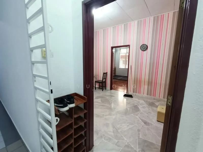 Room features: striped wallpaper in pink and cream, marble flooring, wooden chair, wall clock, open doorway, shoe rack, shelves, light ceiling, neutral wall color; style: modern.