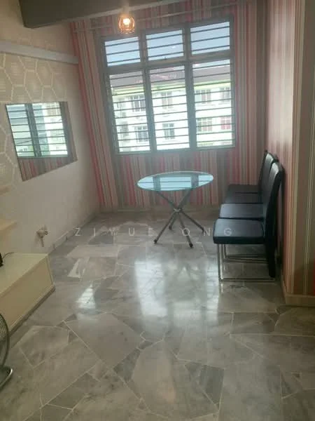 Room features: marble flooring, striped wallpaper, large windows with horizontal slats, round glass dining table, two black leather chairs, wall-mounted shelf, ceiling light fixture, fan, neutral painted walls; style: modern.