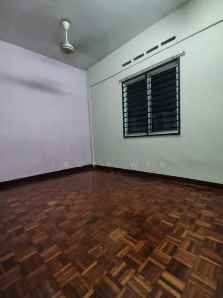 Room features: wooden flooring, light purple painted walls, ceiling fan, black window with horizontal slats, no visible furniture; style: minimalist.
