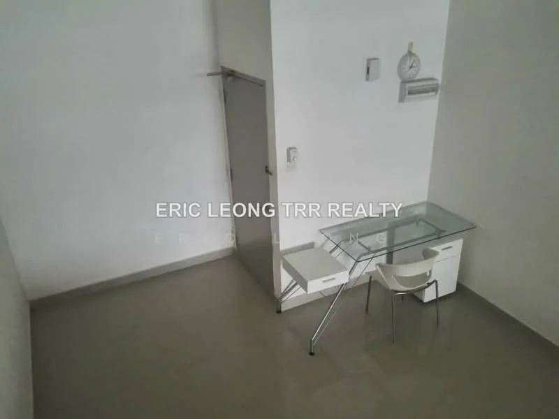 Study features: white painted walls, grey tiled flooring, glass-top desk, white chair, wall clock, door, air conditioning unit; style: minimalist.