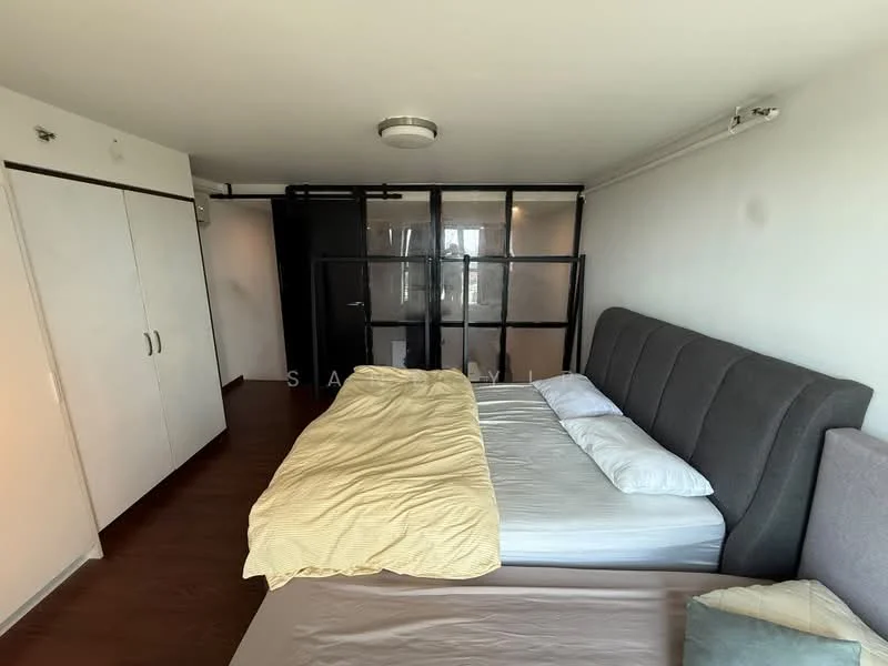 Bedroom features: king-size bed, upholstered headboard, white bedding, wooden flooring, built-in wardrobe with sliding doors, glass partition wall, recessed ceiling light, neutral wall colour; style: modern.