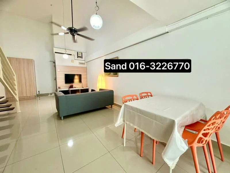 Living features: 3-seater fabric sofa in grey, ceiling fan, pendant light, wall-mounted TV, TV console, area rug, large windows, white painted walls, glossy tile flooring, decorative lamp, dining table with white tablecloth, 4 orange dining chairs; style: modern.