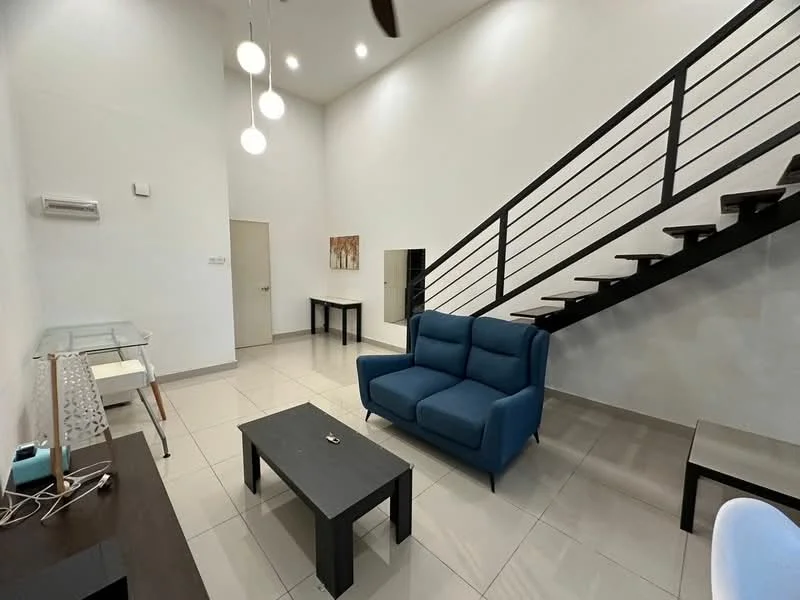 Living features: blue fabric sofa, black coffee table, wall-mounted split AC, white painted walls, tile flooring, staircase with metal railing, pendant lighting, side table, artwork on wall; style: modern.
