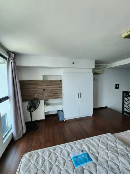 Bedroom features: wooden flooring, white painted walls, large window with city view, ceiling fan, built-in wardrobe with sliding doors, wooden shelf, air conditioning unit, unmade bed with mattress; style: modern; view: city.