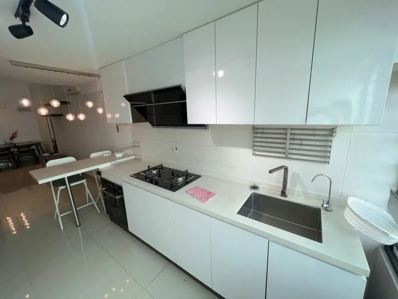 Kitchen features: white flat-panel cabinets, stainless-steel sink, chrome pull-down faucet, white quartz countertop, built-in gas hob with 2 burners, black range hood, tile backsplash, recessed downlights, polished ceramic tile flooring, open shelving, bar seating with 2 stools; style: modern.