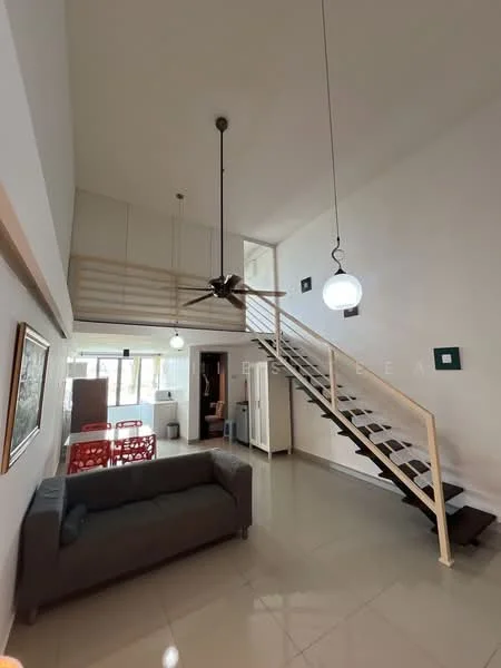 Living features: grey fabric sofa, pendant lighting, 5-blade ceiling fan, white painted walls, glossy tile flooring, open staircase, large windows, dining area visible in background; style: modern.