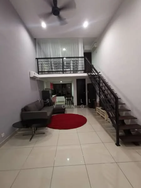 Living features: grey fabric sofa, round coffee table, red area rug, white painted walls, glossy tile flooring, ceiling fan, recessed downlights, staircase with metal railing, open space to upper level, large windows with sheer curtains; style: modern.