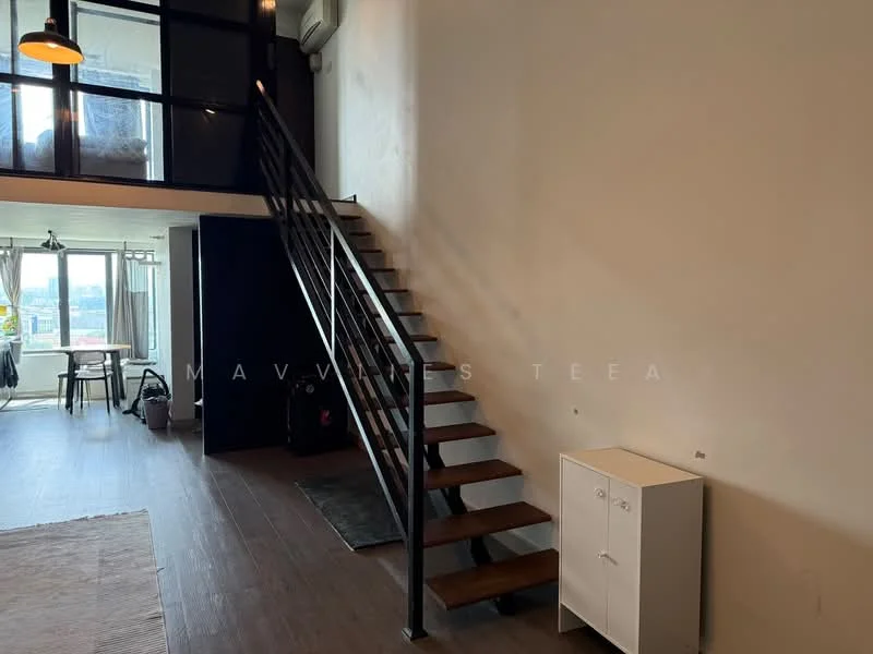 Room features: wooden staircase with metal railing, light wood flooring, white painted walls, large windows, air conditioning unit, open space layout, black mat, white cabinet; style: modern; view: city.