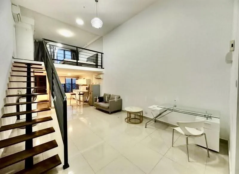 Living features: double-height ceiling, white painted walls, tile flooring, large windows, sofa in grey, coffee table, glass-top dining table, white chair, staircase with wooden steps, ceiling light fixture, air conditioning unit; style: modern.