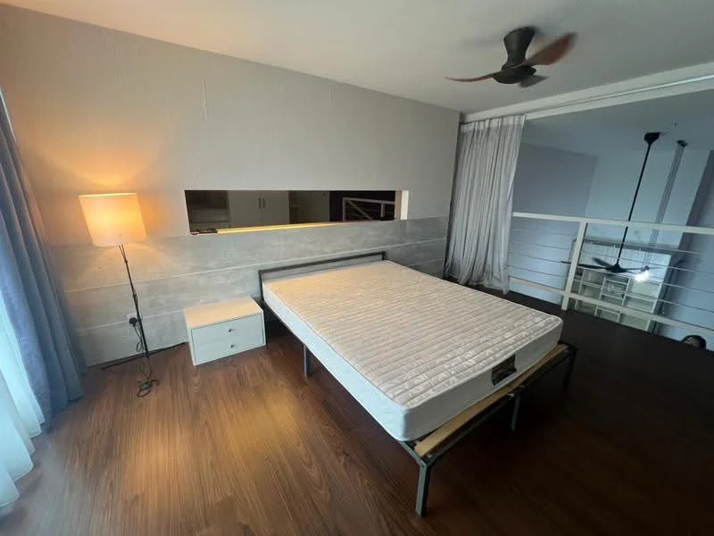 Bedroom features: queen-size bed frame without mattress, wooden flooring, light grey painted walls, floor-to-ceiling windows with sheer curtains, ceiling fan with 3 blades, nightstand with drawer, lampshade lamp, open space with railing view; style: modern.