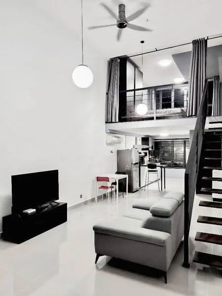 Living features: grey fabric sofa, black TV console, wall-mounted TV, pendant light, 5-blade ceiling fan, white painted walls, polished tile flooring, large windows with curtains, open-plan layout, staircase with metal railing; style: modern. Kitchen features: stainless-steel fridge, white cabinetry, countertop with bar stools, open shelving, kitchen island; style: modern.