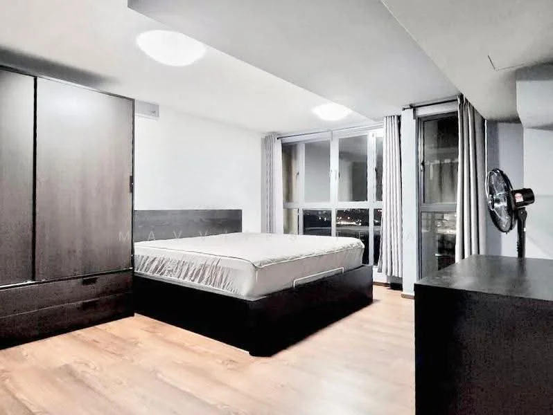 Bedroom features: queen-size bed, dark wood bed frame, built-in wardrobe with sliding doors, nightstand, floor-to-ceiling windows, curtains, wood laminate flooring, ceiling light fixture, wall-mounted fan; style: modern; view: city.