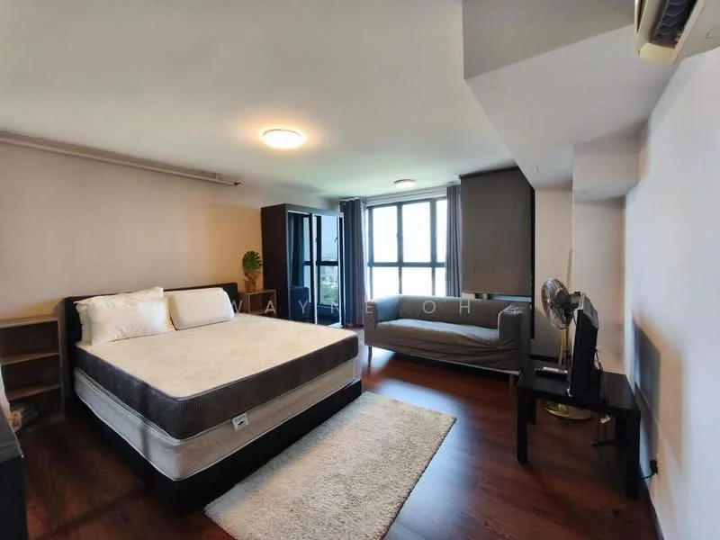 Bedroom features: queen-size bed, upholstered headboard, wooden flooring, floor-to-ceiling windows, blackout curtains, sofa, TV console, wall-mounted TV, area rug, ceiling light, air conditioning unit, decorative plant; style: modern; view: city.