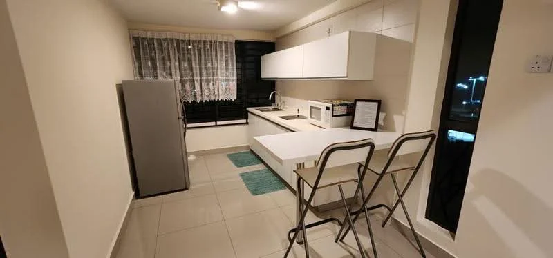 Kitchen features: white cabinetry, stainless-steel fridge, single-bowl stainless-steel sink, chrome pull-down faucet, white countertop, built-in microwave, ceramic tile flooring, window with sheer curtains, two bar stools, light fixture on ceiling, wall-mounted cabinets, tile backsplash; style: modern; view: city.