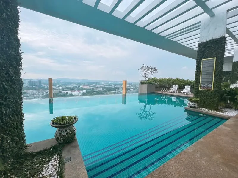 Exterior type: high-rise condominium; features: infinity pool, pool deck with loungers, glass railing, landscaped greenery, decorative planter, city skyline view, tiled pool surface, stone-paved walkway; style: modern.