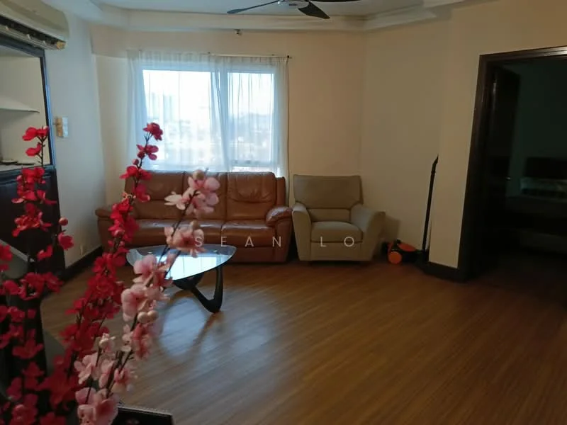 Living features: laminate flooring, white painted walls, tray ceiling, 5-blade ceiling fan, floor-to-ceiling window with sheer curtains, brown leather sofa, beige armchair, glass coffee table, decorative plant with pink flowers, wall-mounted air conditioning unit; style: modern.