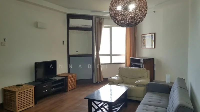Living features: 3-seater fabric sofa in grey, 2-seater leather sofa in cream, wooden coffee table, TV console, wall-mounted TV, floor-to-ceiling window, curtains in beige, decorative light fixture, wooden side tables, air conditioning unit; style: modern.