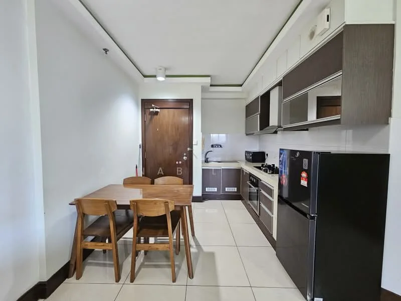 Kitchen features: white painted walls, tile flooring, ceiling lights, wood dining table, 4 wooden dining chairs, black refrigerator, built-in oven, stainless-steel sink, chrome pull-down faucet, white cabinetry, black countertop, kitchen hood, gas hob, wall-mounted microwave; style: modern.