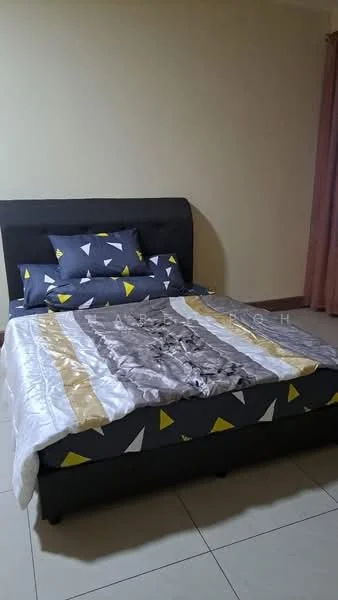 Bedroom features: king-size bed with upholstered headboard, decorative bedding with geometric pattern, two decorative pillows, cream painted walls, tile flooring, curtains in light pink, nightstand with no visible features; style: modern.
