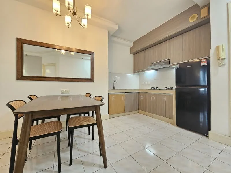 Kitchen features: white tiled flooring, cream painted walls, wood cabinetry, stainless-steel sink, chrome pull-down faucet, built-in oven, 4-burner gas hob, black refrigerator, kitchen island, dining table with 4 chairs, pendant light fixture, mirror on wall; style: modern.