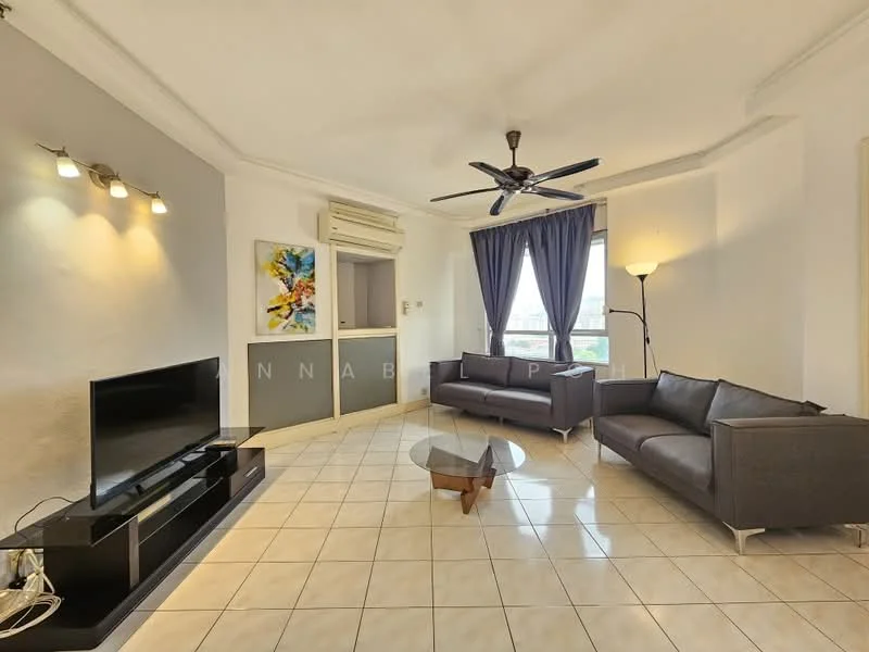 Living features: grey accent wall, white painted walls, ceramic tile flooring, 5-blade ceiling fan with light, recessed downlights, sofa in dark leather, 2-seater leather sofa, coffee table with glass top, TV console, wall-mounted TV, floor lamp, curtains in dark blue; style: modern; view: city.