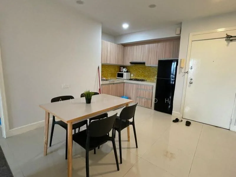 Kitchen features: light wood cabinetry, black built-in oven, black stove, stainless-steel refrigerator, white countertop, yellow mosaic tile backsplash, single-bowl stainless-steel sink, chrome pull-down faucet, 4-burner gas hob, dining table with white top, 4 black dining chairs, white walls, tile flooring, recessed downlights; style: modern.