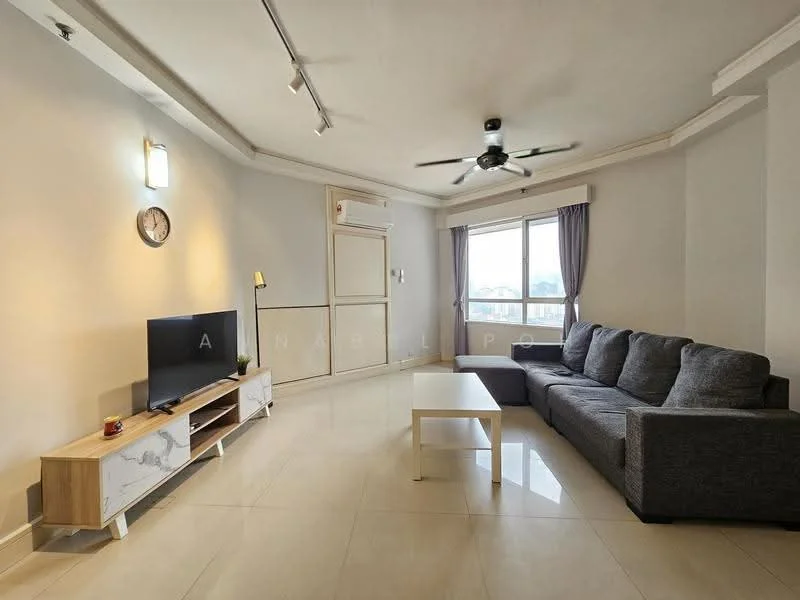Living features: grey fabric L-shape sectional sofa, white coffee table, TV console with storage, wall-mounted TV, 5-blade ceiling fan with light, recessed downlights, cream painted walls, glossy tile flooring, floor-to-ceiling window with sheer curtains, wall clock, decorative wall paneling; style: modern; view: city.