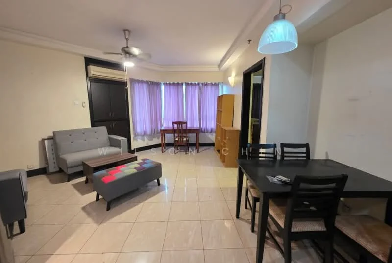 Living features: grey fabric 3-seater sofa, coffee table with colorful upholstery, black dining table with 4 chairs, wooden dining chair, ceiling fan, light fixture with pendant lamp, tile flooring, large windows with sheer curtains, air conditioning unit, neutral painted walls; style: modern.