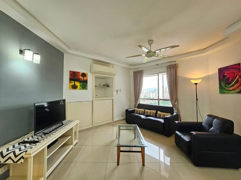 Living features: 3-seater black leather sofa, 2-seater black leather sofa, glass coffee table, TV console with storage, wall-mounted TV, ceiling fan with light, recessed lighting, cream painted walls, white ceiling, large window with city view, curtains, decorative artwork on walls; style: modern; view: city.