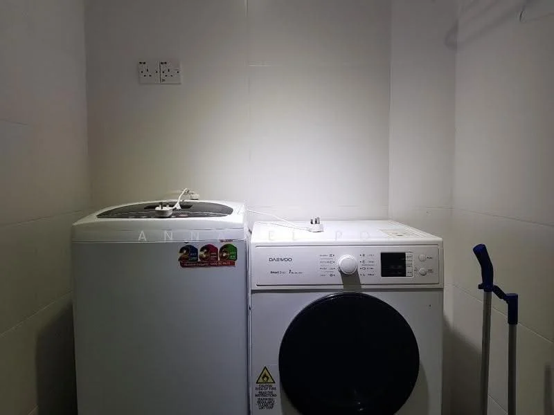 Laundry features: top-load washing machine, front-load washing machine, white walls, tile flooring, laundry sink, storage shelf, ventilation duct, clothes drying rack.