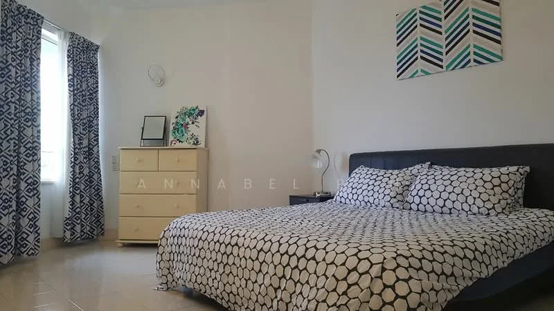 Bedroom features: king-size bed with patterned bedding, upholstered headboard, nightstand, table lamp, dressing table with mirror, chest of drawers, floor-to-ceiling window with sheer curtains, white painted walls, tile flooring, decorative wall art; style: modern.