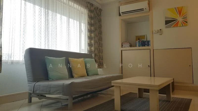 Living features: sofa bed in grey fabric, decorative cushions in pastel colors, coffee table with light wood finish, wall-mounted air conditioning unit, floor-to-ceiling windows with sheer curtains, light-colored walls, tile flooring, built-in shelving unit, abstract wall art; style: modern; view: city.