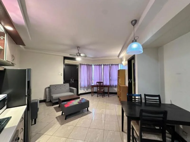 Living features: grey fabric sofa, multicolored ottoman, black dining table with chairs, ceiling fan, recessed lighting, pendant light, large windows with sheer curtains, tile flooring, neutral painted walls; style: modern.