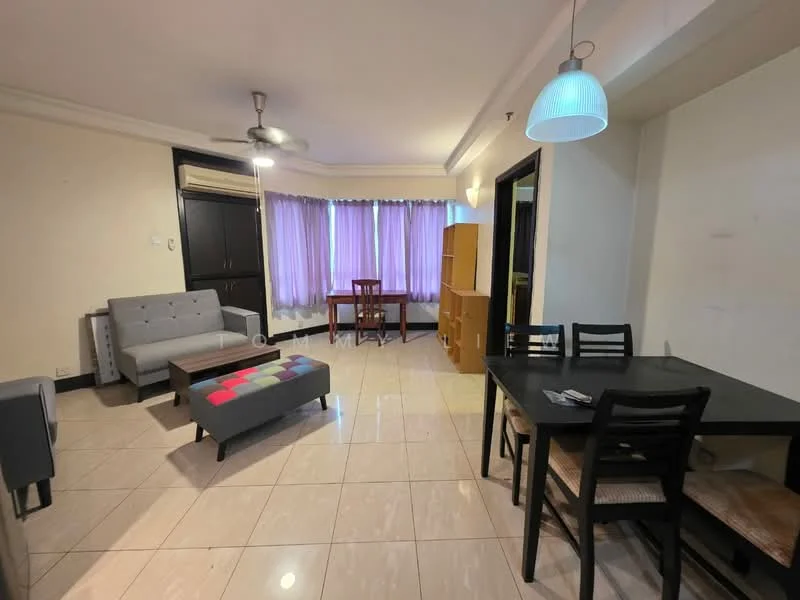 Living features: grey fabric sofa, coffee table with colorful upholstery, wooden dining table for four, black dining chairs, ceiling fan, recessed lighting, large windows with sheer purple curtains, cream painted walls, tile flooring; style: modern.