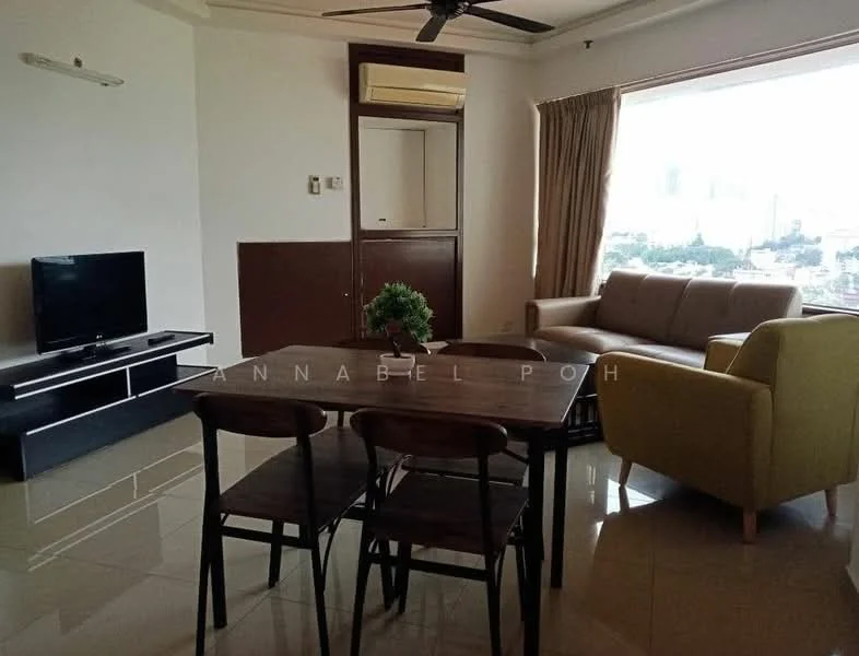 Living features: floor-to-ceiling windows, curtains, 3-seater fabric sofa in beige, 2-seater fabric sofa in green, wooden dining table, 4 wooden dining chairs, TV console, wall-mounted TV, ceiling fan, marble tile flooring, decorative plant, air conditioning unit; style: modern; view: city.