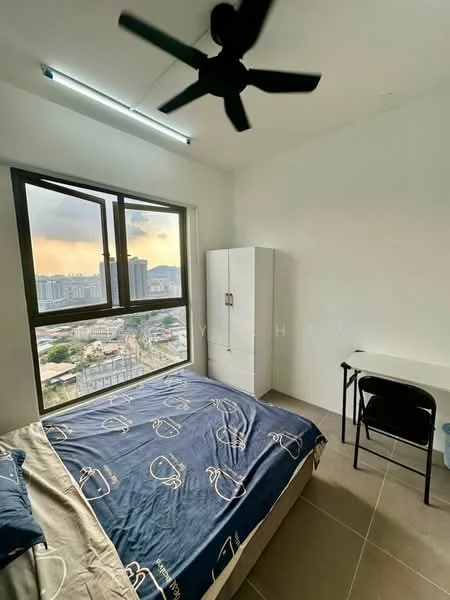 Bedroom features: queen-size bed with blue patterned bedding, floor-to-ceiling windows, city view, white painted walls, light grey tiled flooring, black ceiling fan, built-in wardrobe in white, study desk with black chair, LED strip lighting, curtains, decorative wall art; style: modern; view: city.