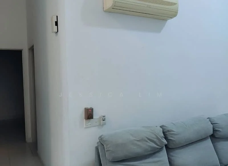 Room features: white painted walls, wall-mounted split AC, light-colored fabric sofa, light-colored flooring, electrical outlets, light switch.
